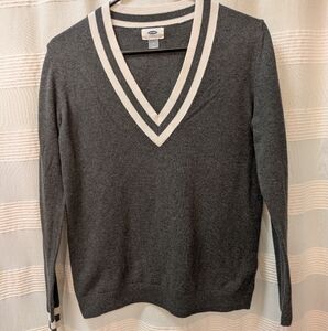 Old Navy Charcoal V-Neck Sweater with Cream Trim